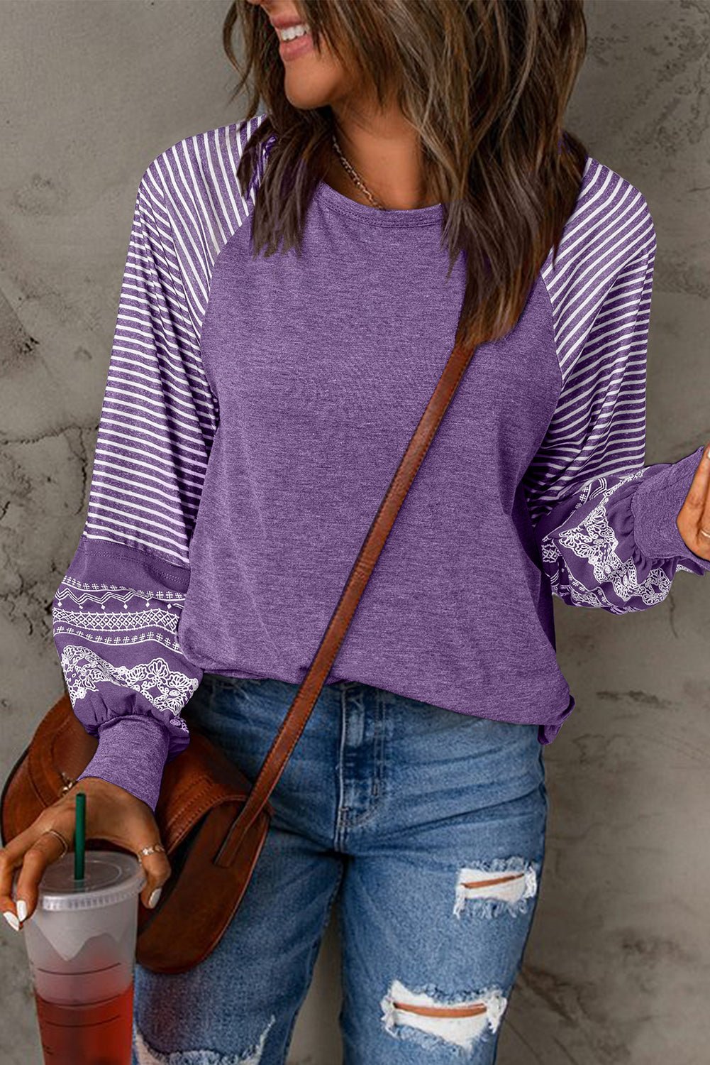 Tillandsia Purple Contrast Striped Raglan Long Sleeve Top