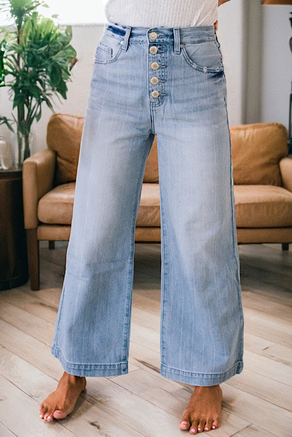 Beau Blue Multi Buttons Pinstripe Wide Leg Jeans for Women