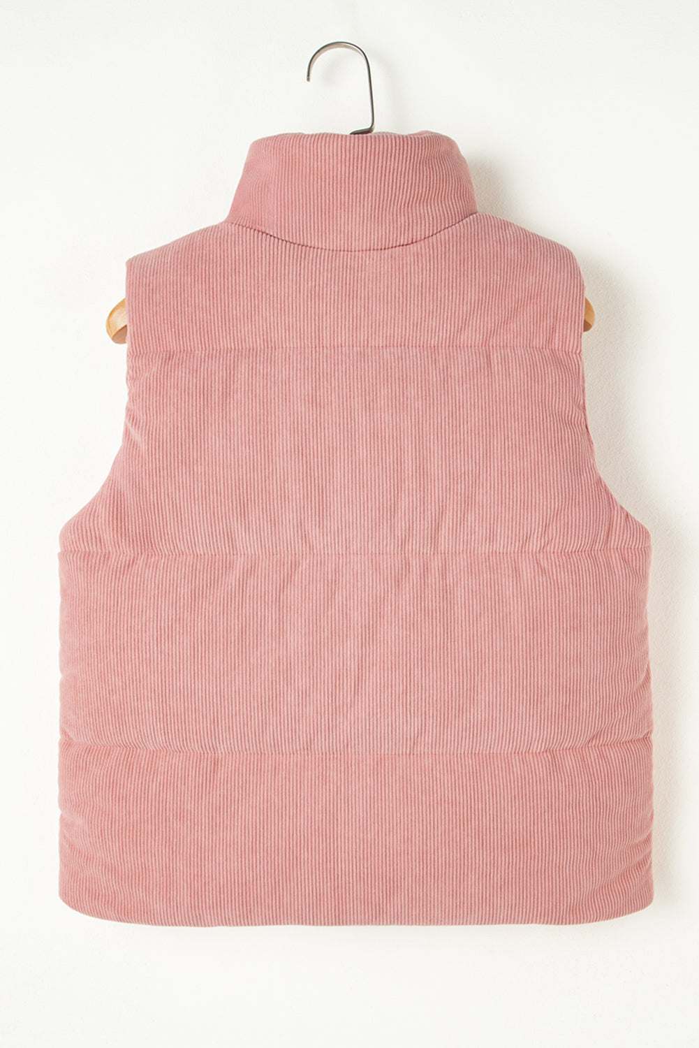 Apricot Pink Corduroy Stand Neck Zipped Puffer Vest by De...