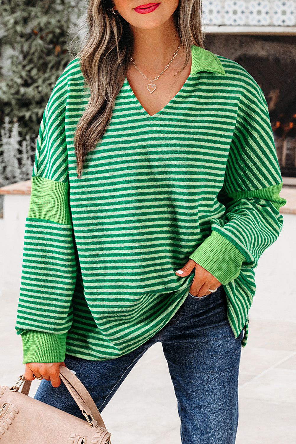Chic green striped v-neck top