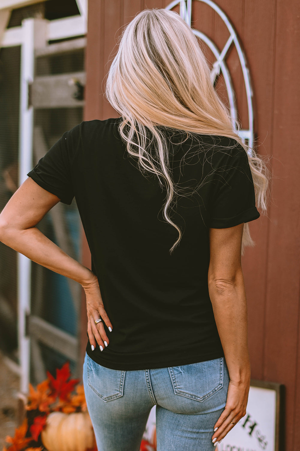 Premium Black Sequin Bow Ghost Patch Halloween Graphic Tee