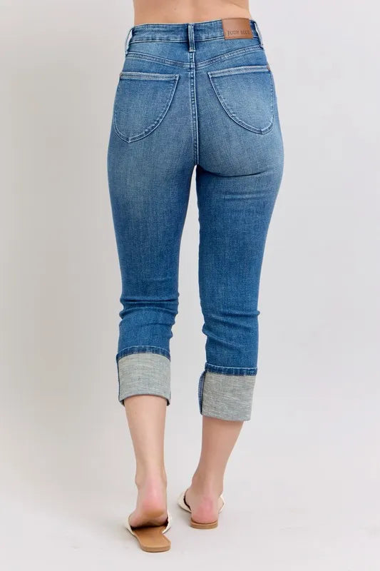 Judy Blue Plus Size Skinny Cuff Capris Jeans with Pockets - Love Salve
