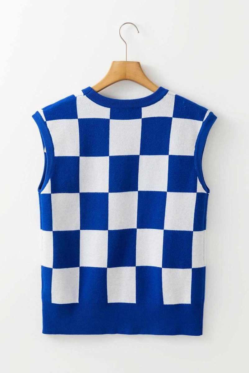 Dark Blue Cherckerboard Round Neck Sweater Vest - Love Salve
