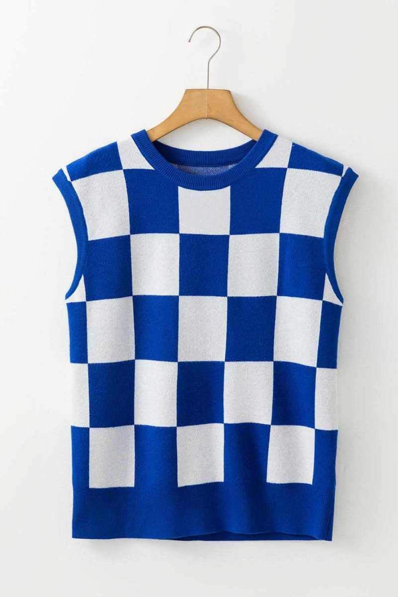 Dark Blue Cherckerboard Round Neck Sweater Vest - Love Salve