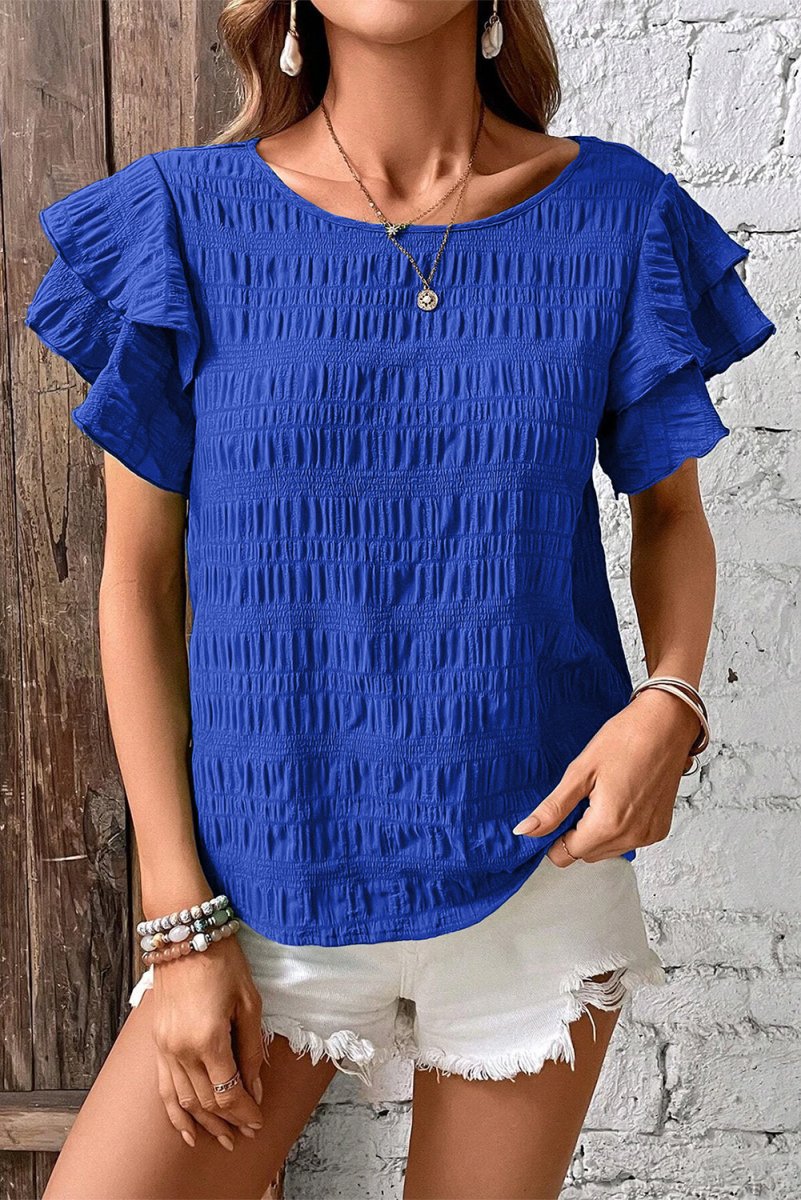 Dark Blue Textured Ruffled Sleeve Round Neck Top for Women - Love Salve