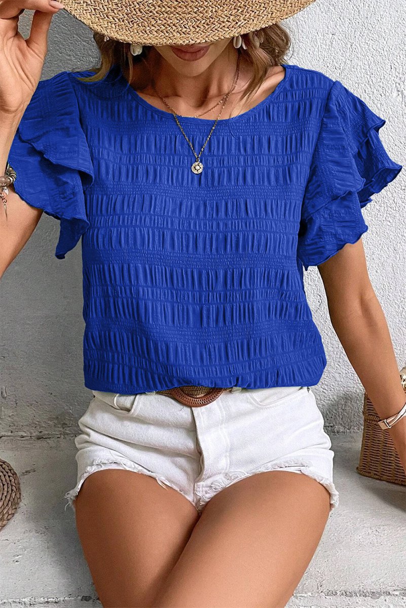Dark Blue Textured Ruffled Sleeve Round Neck Top for Women - Love Salve