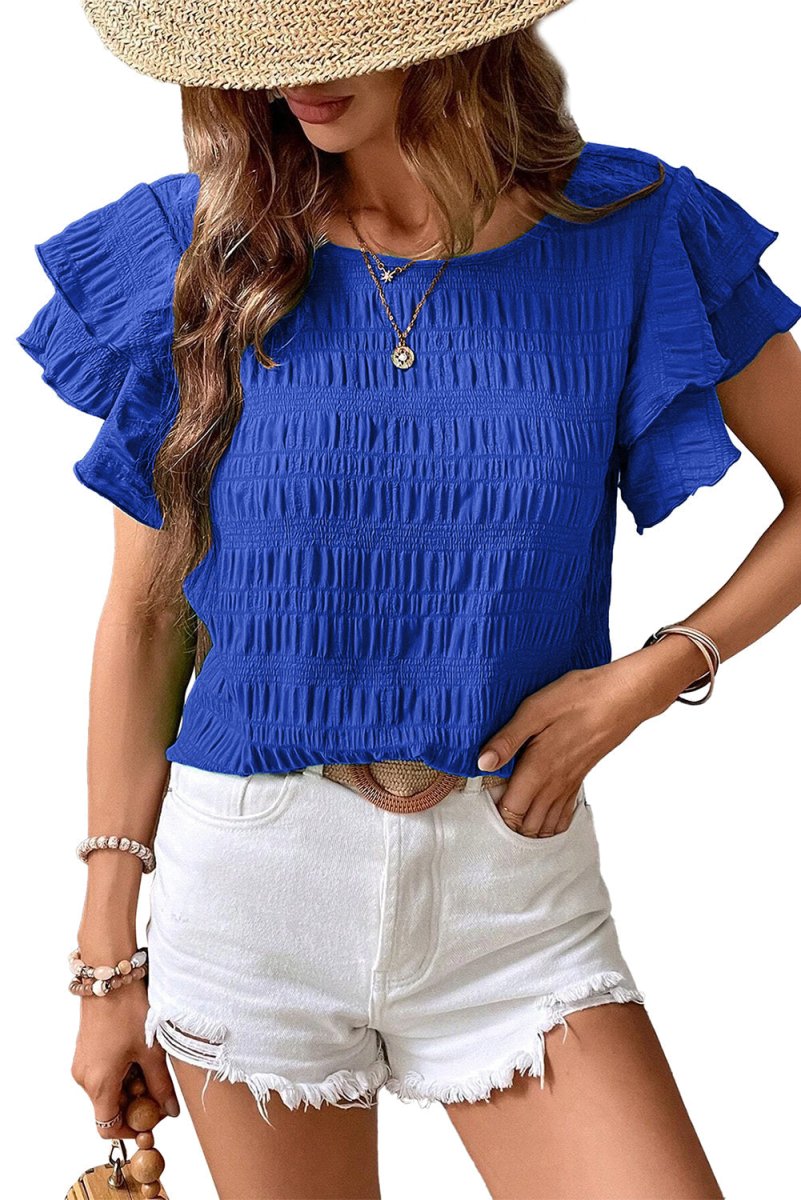 Dark Blue Textured Ruffled Sleeve Round Neck Top for Women - Love Salve