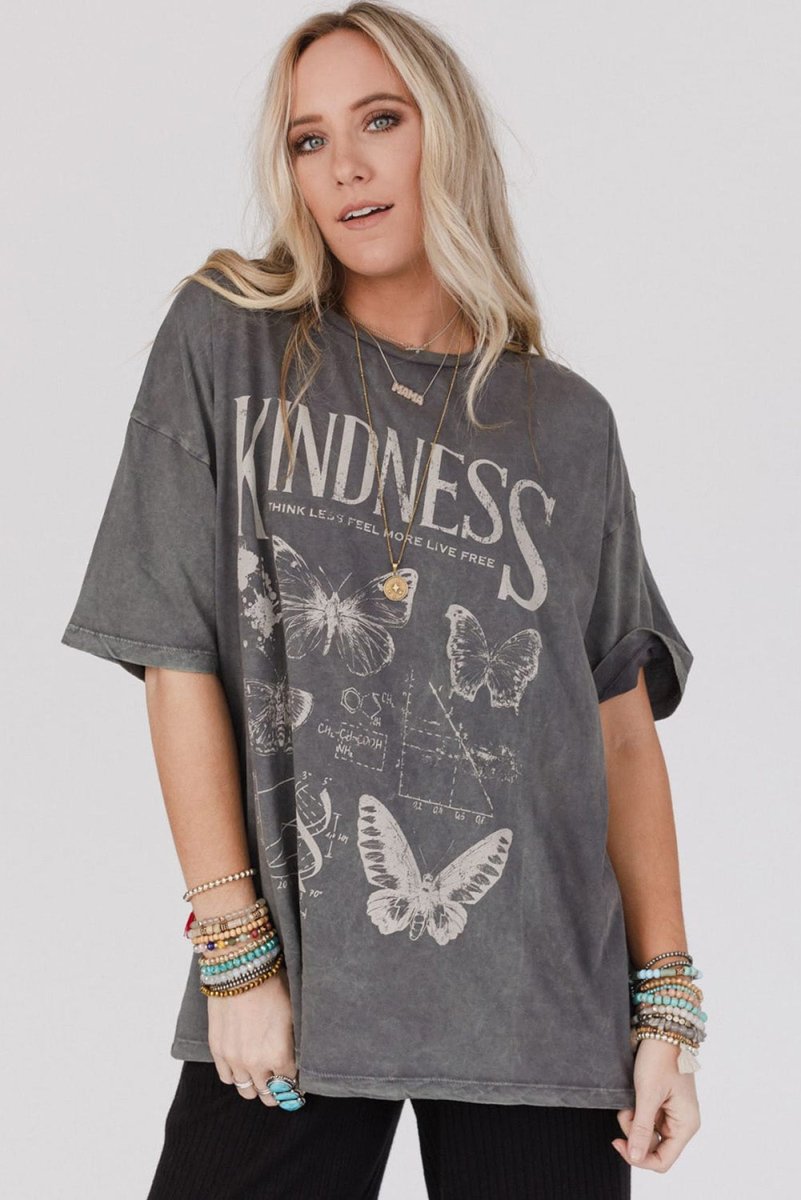 Dark Grey Kindness Butterflies Graphic Mineral Wash Loose Tee - Love Salve