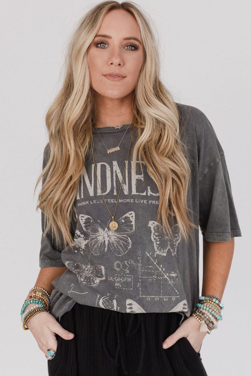 Dark Grey Kindness Butterflies Graphic Mineral Wash Loose Tee - Love Salve