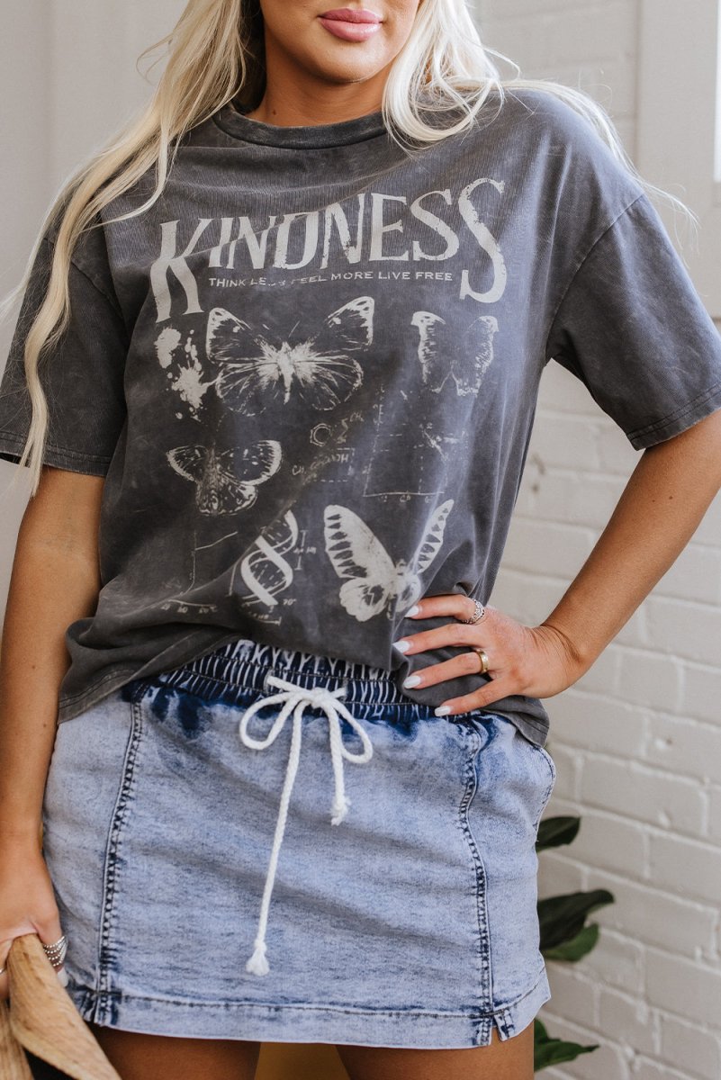 Dark Grey Kindness Butterflies Graphic Mineral Wash Loose Tee - Love Salve