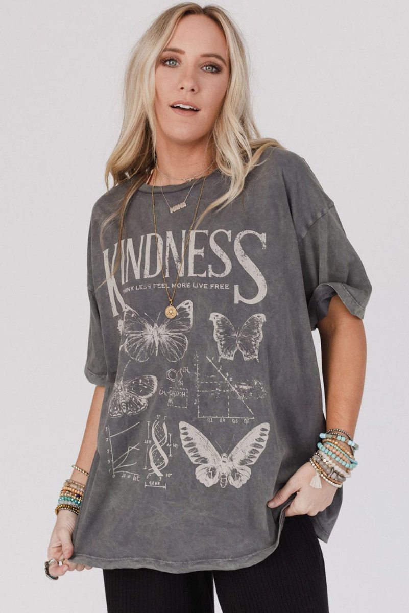 Dark Grey Kindness Butterflies Graphic Mineral Wash Loose Tee - Love Salve