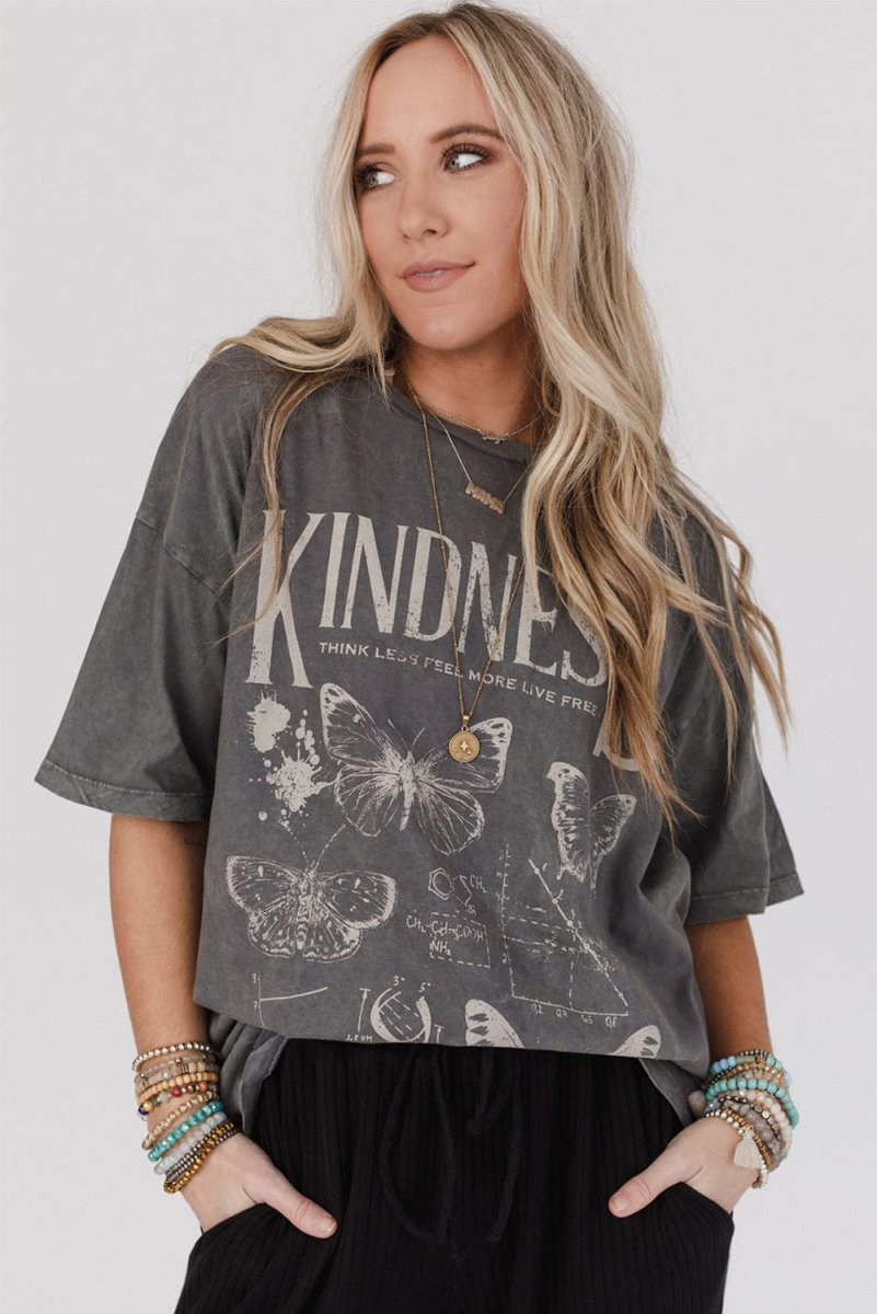 Dark Grey Kindness Butterflies Graphic Mineral Wash Loose Tee - Love Salve