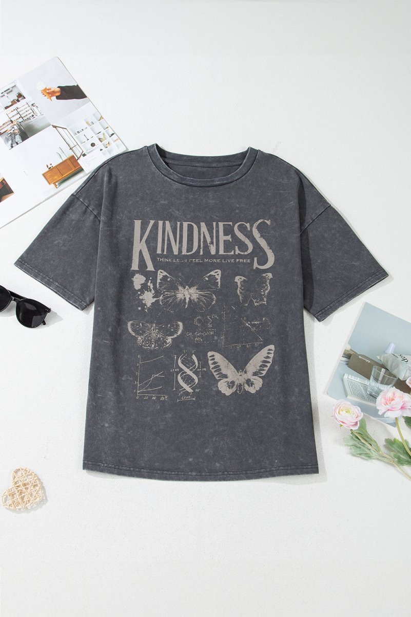 Dark Grey Kindness Butterflies Graphic Mineral Wash Loose Tee - Love Salve