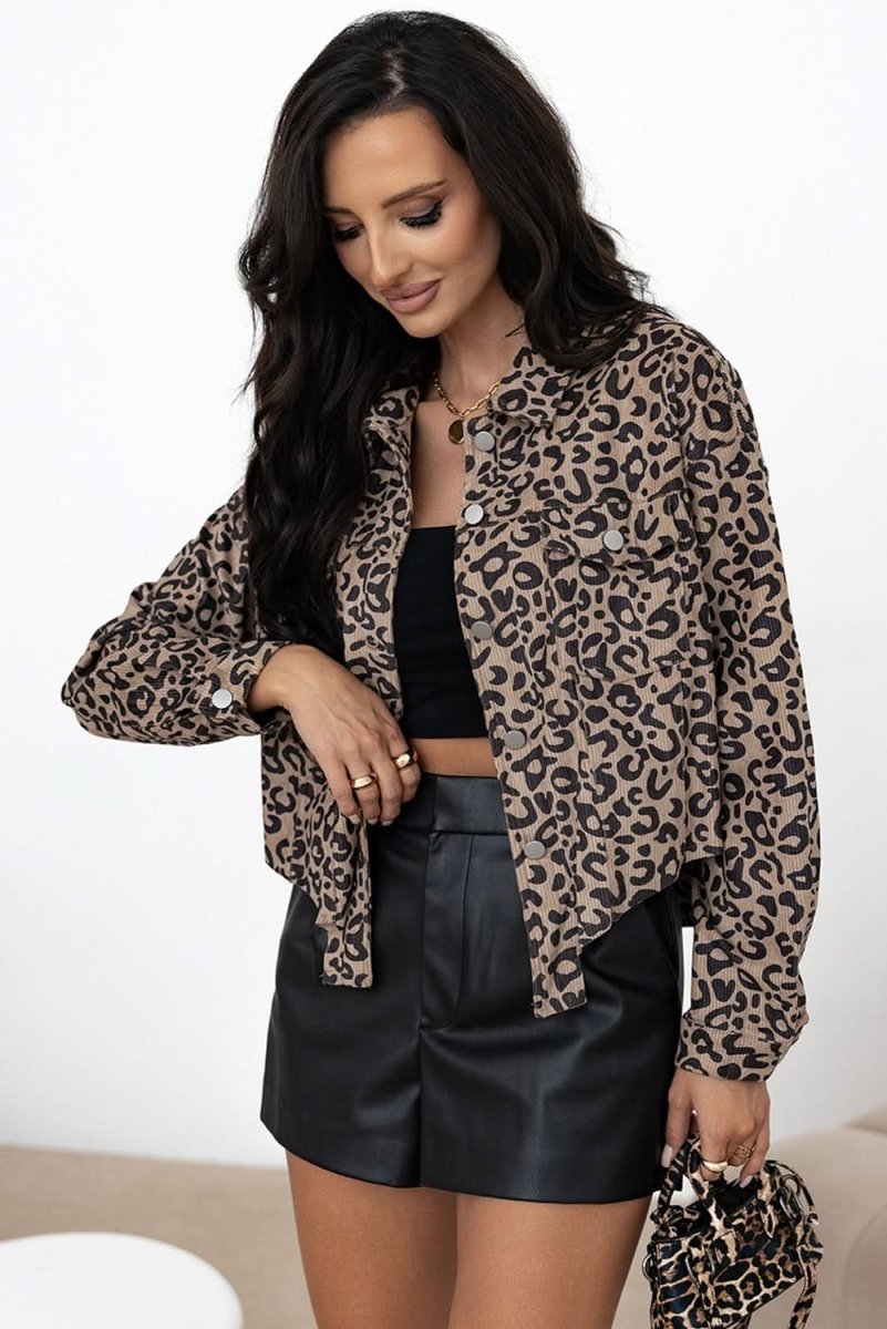 Dark Khaki Leopard Print Corduroy Irregular Hem Buttoned Jacket - Love Salve