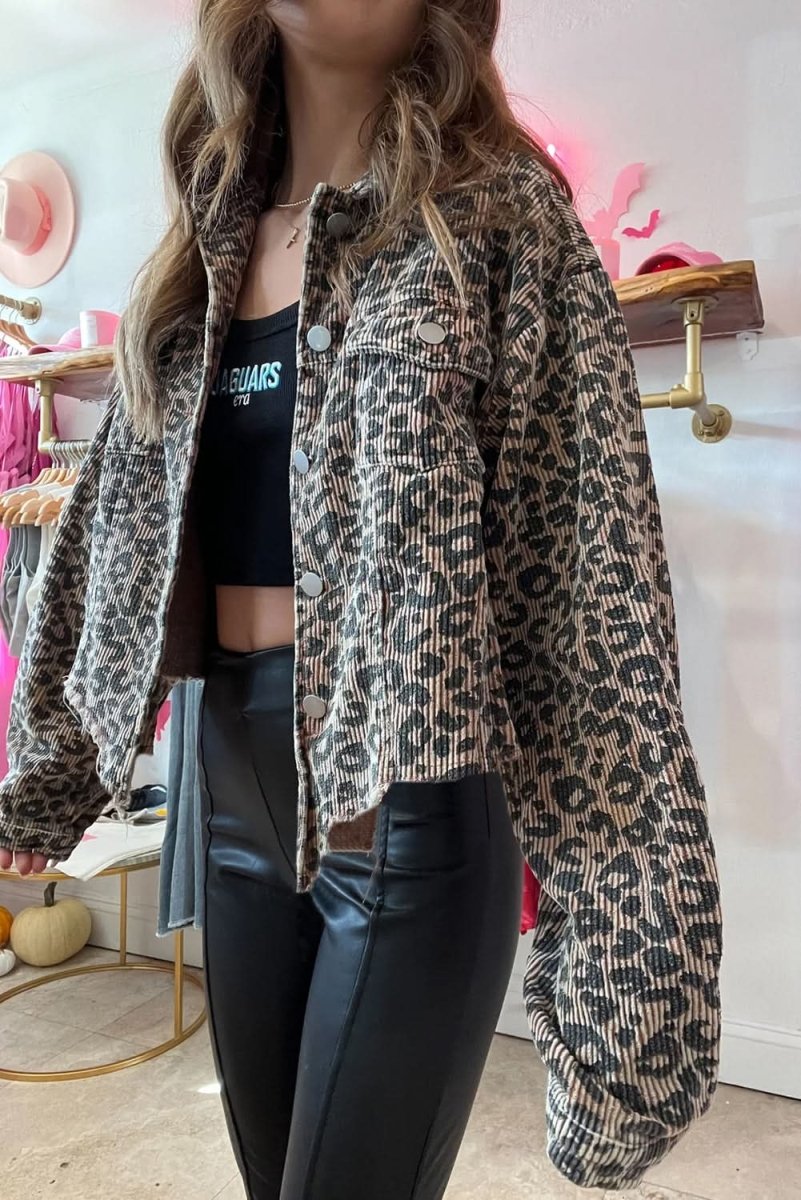 Dark Khaki Leopard Print Corduroy Irregular Hem Buttoned Jacket - Love Salve