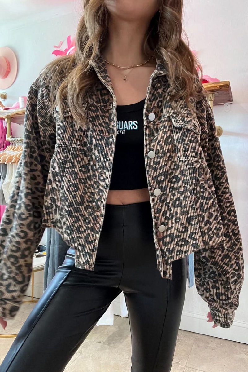 Dark Khaki Leopard Print Corduroy Irregular Hem Buttoned Jacket - Love Salve