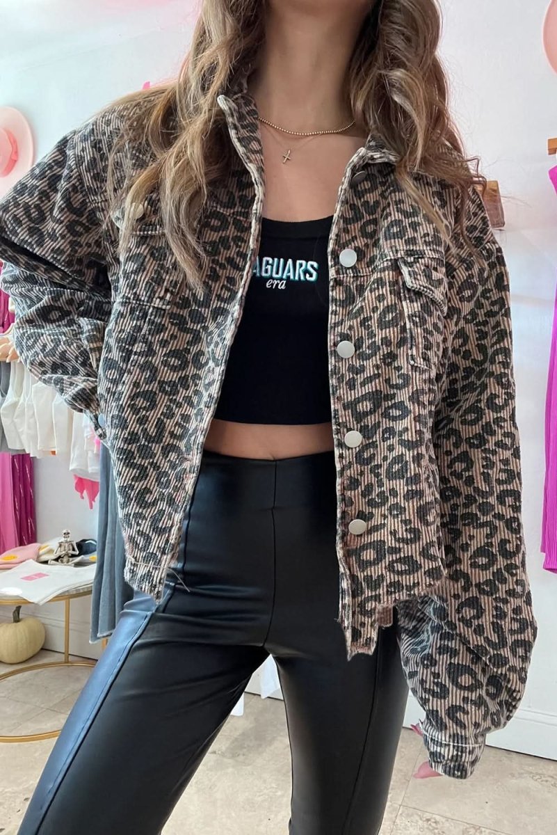 Dark Khaki Leopard Print Corduroy Irregular Hem Buttoned Jacket - Love Salve