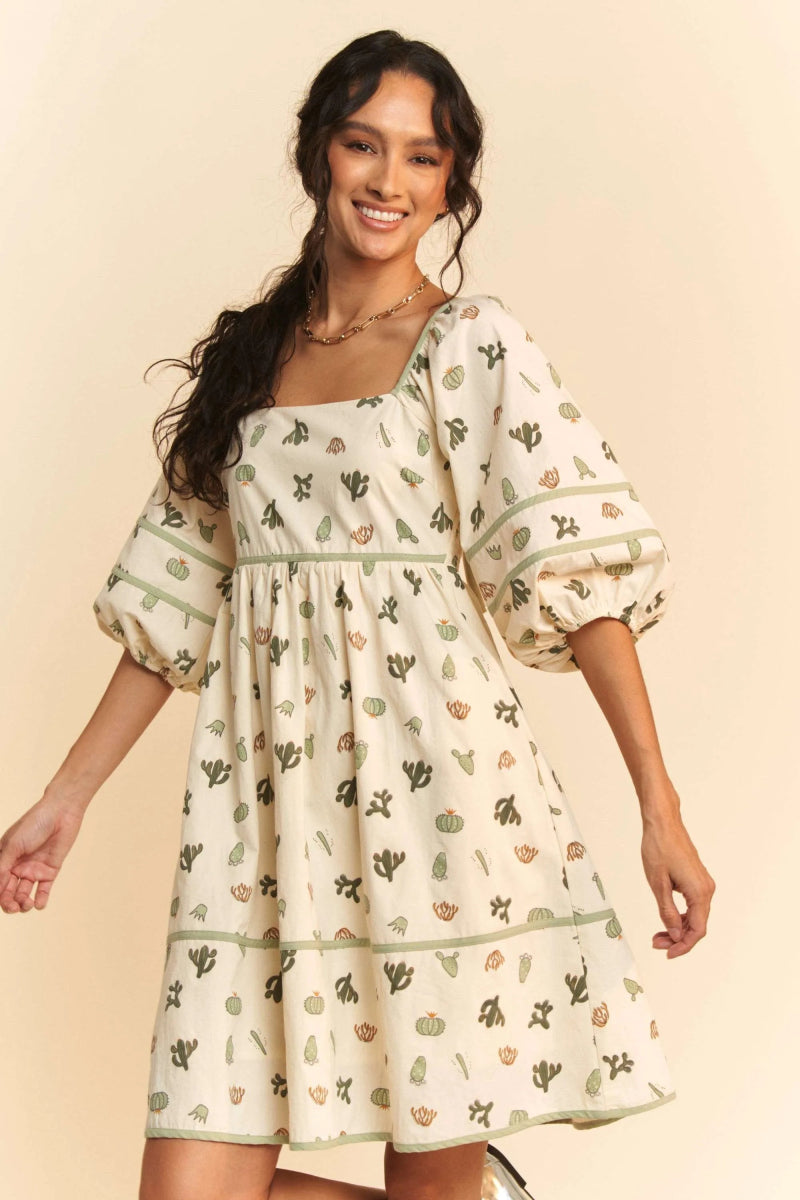 Davi & Dani Cactus Printed Poplin Contrast Piping Mini Dress - Love Salve