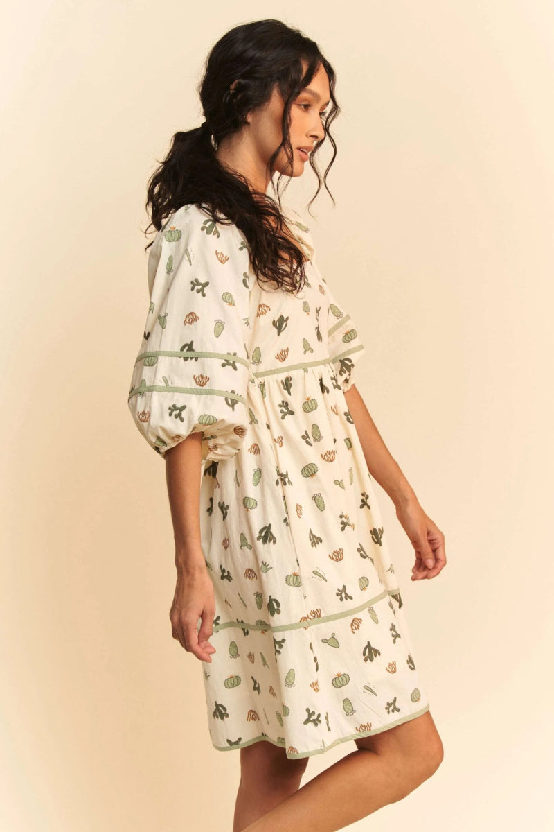 Davi & Dani Cactus Printed Poplin Contrast Piping Mini Dress - Love Salve