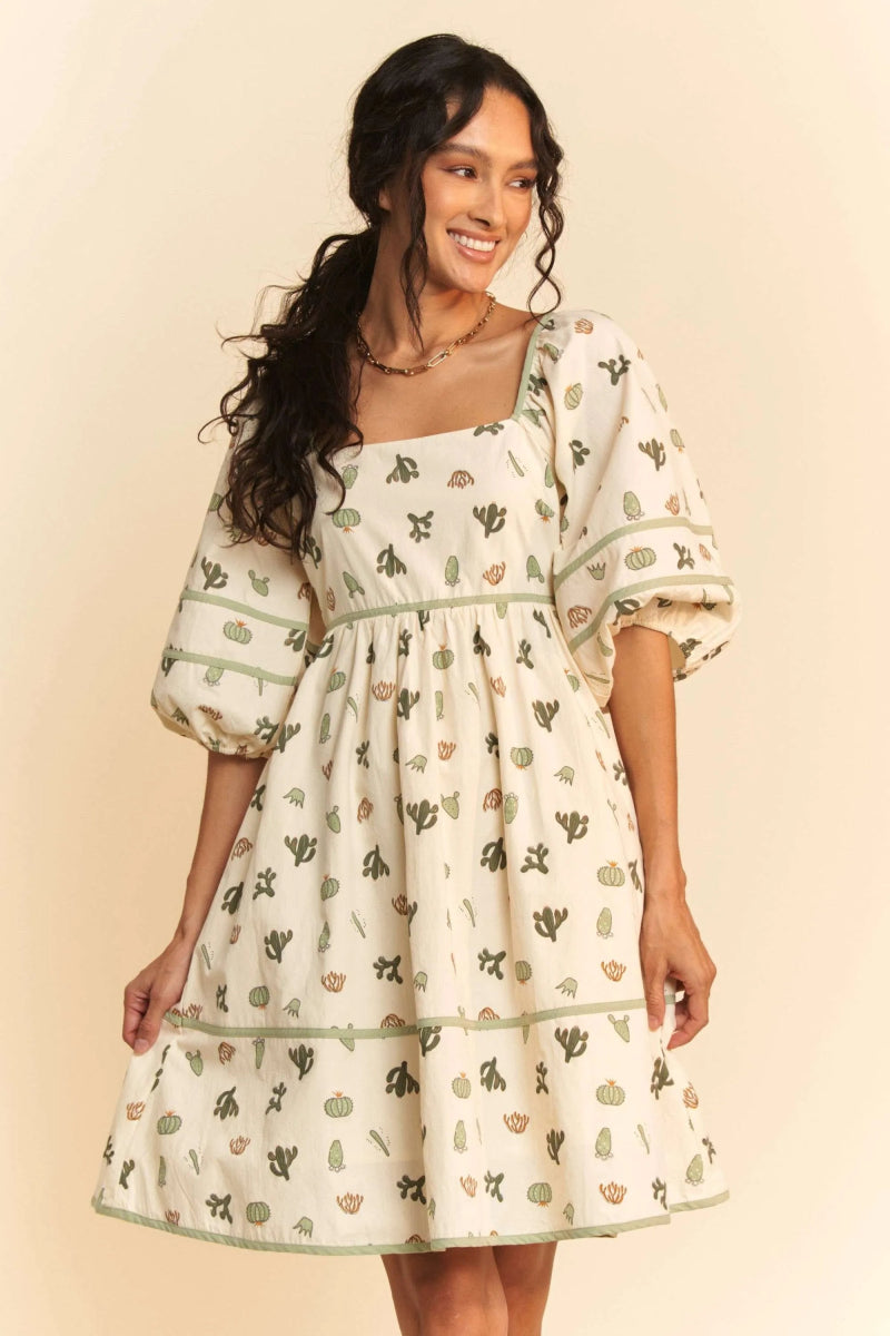 Davi & Dani Cactus Printed Poplin Contrast Piping Mini Dress - Love Salve