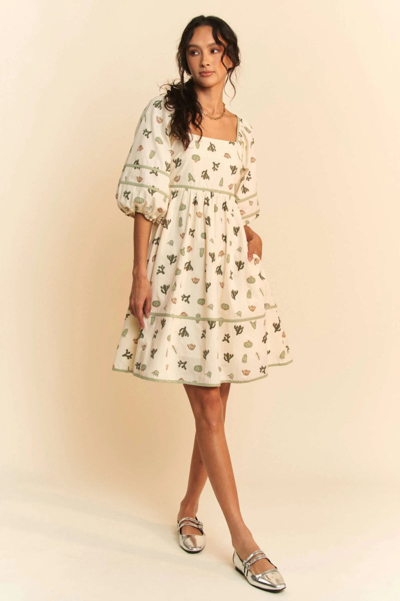 Davi & Dani Cactus Printed Poplin Contrast Piping Mini Dress - Love Salve