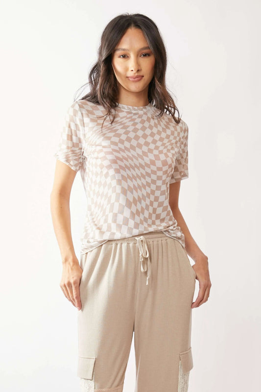 Davi & Dani Checker Board Printed Mesh Short Sleeve Top - Love Salve