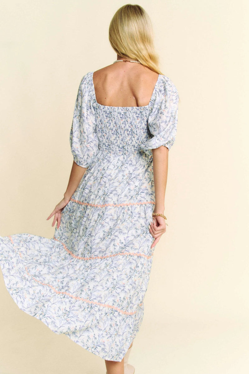 Davi & Dani Contrast Ric Smocking Bodice Tiered Midi Dress - Love Salve