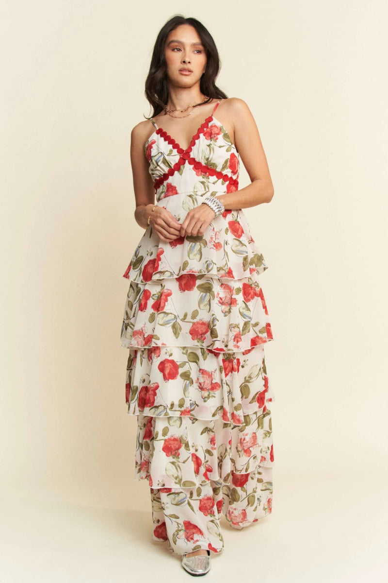 Davi & Dani Contrast Ring Lace Layered Ruffle Maxi Dress - Love Salve
