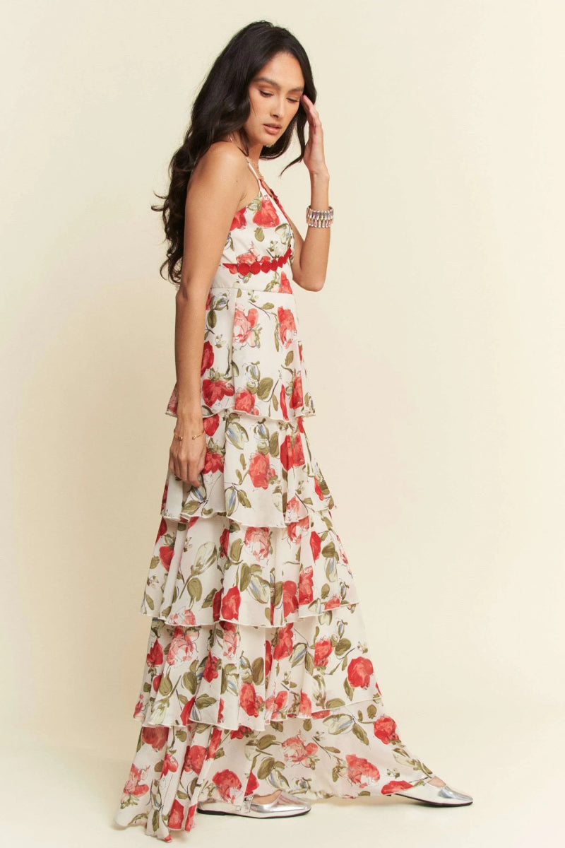 Davi & Dani Contrast Ring Lace Layered Ruffle Maxi Dress - Love Salve