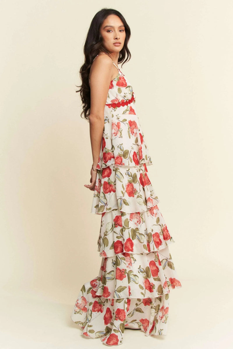 Davi & Dani Contrast Ring Lace Layered Ruffle Maxi Dress - Love Salve