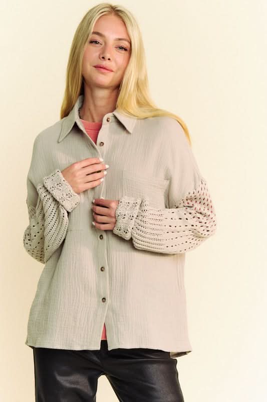 Davi & Dani Crochet Sleeve Crinkled Texture Shirt - Love Salve