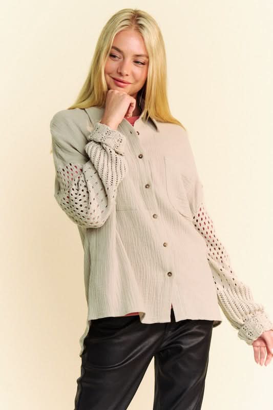Davi & Dani Crochet Sleeve Crinkled Texture Shirt - Love Salve