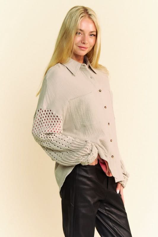 Davi & Dani Crochet Sleeve Crinkled Texture Shirt - Love Salve