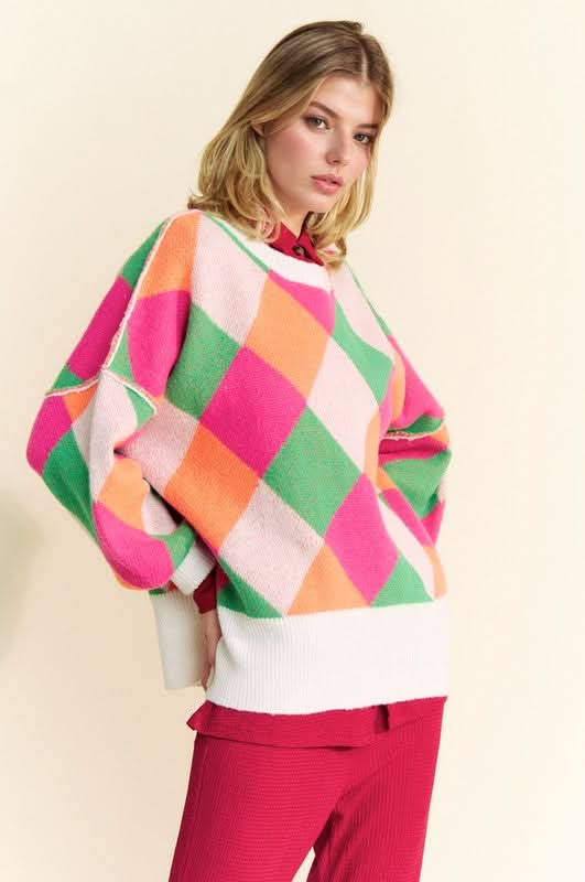 Davi & Dani Exposed Seam Color Block Dropped Shoulder Sweater - Love Salve