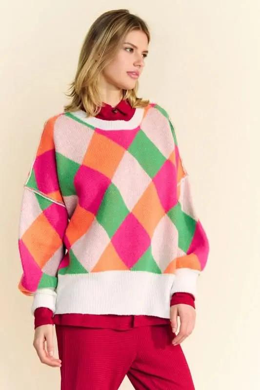 Davi & Dani Exposed Seam Color Block Dropped Shoulder Sweater - Love Salve