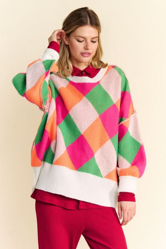 Davi & Dani Exposed Seam Color Block Dropped Shoulder Sweater - Love Salve