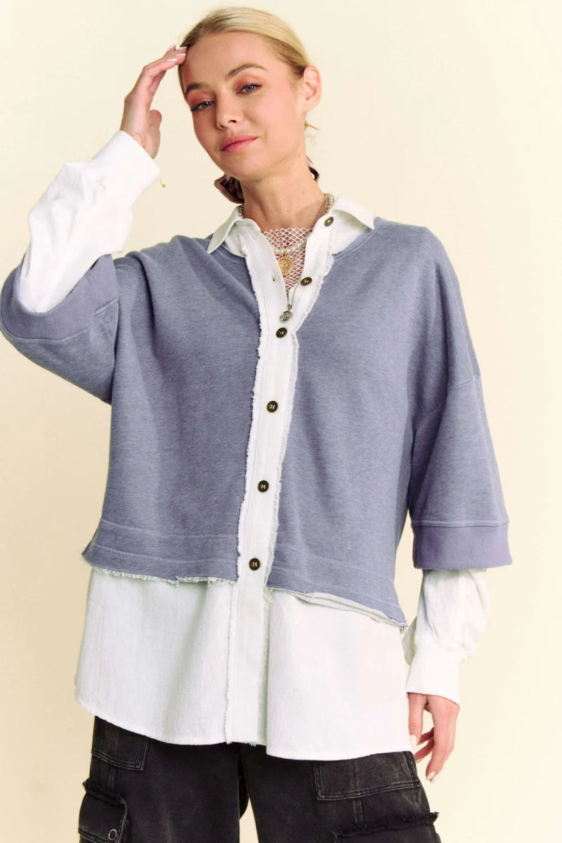 Davi & Dani Faux Layered French Terry Contrast Top for Women - Love Salve