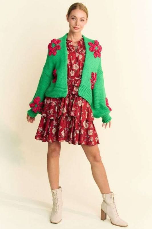 Davi & Dani Floral Applique Open Front Drop Shoulder Cardigan - Love Salve