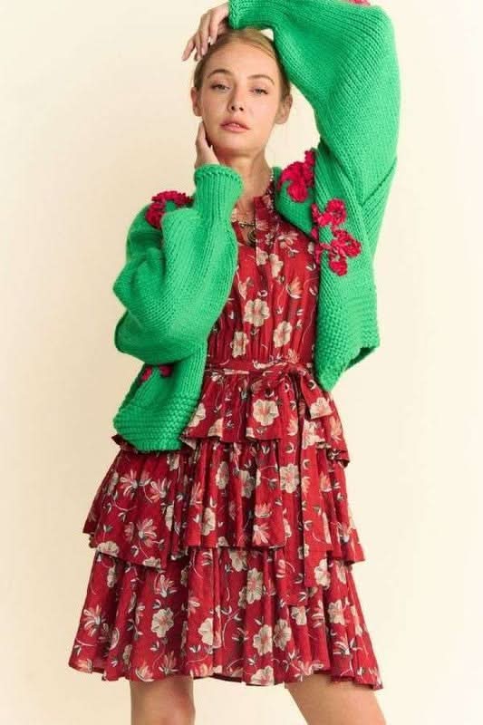 Davi & Dani Floral Applique Open Front Drop Shoulder Cardigan - Love Salve
