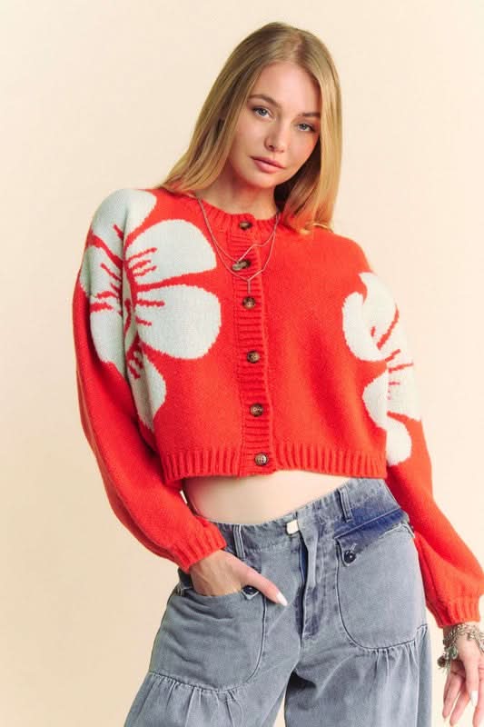 Davi & Dani Flower Contrast Round Neck Long Sleeve Cardigan - Love Salve