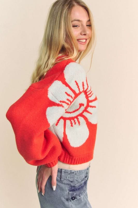 Davi & Dani Flower Contrast Round Neck Long Sleeve Cardigan - Love Salve