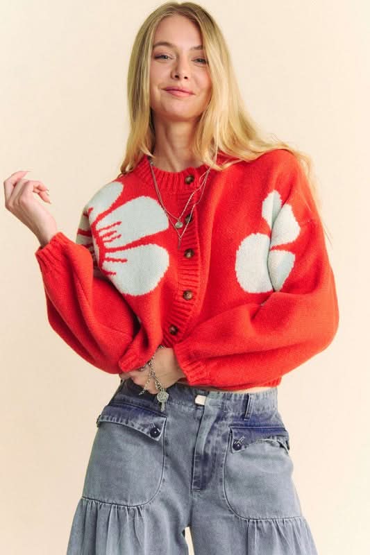 Davi & Dani Flower Contrast Round Neck Long Sleeve Cardigan - Love Salve