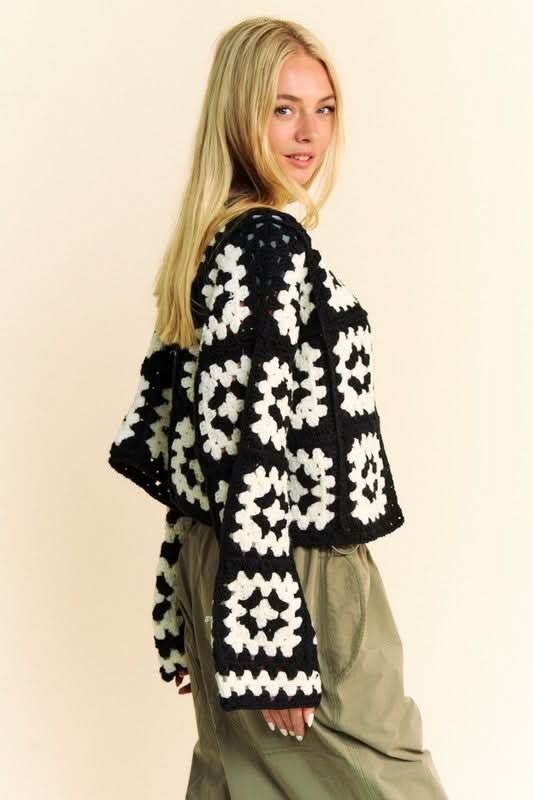 Davi & Dani Full Size Two Tone Flower Square Crochet Open Front Cardigan - Love Salve