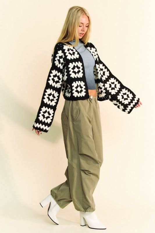 Davi & Dani Full Size Two Tone Flower Square Crochet Open Front Cardigan - Love Salve