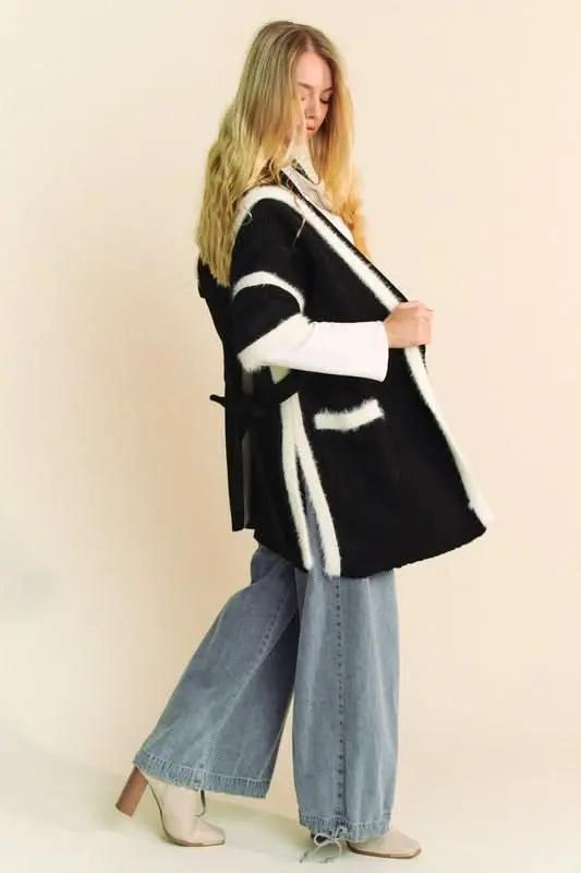 Davi & Dani Fuzzy Trim Open Front Loose Fit Cardigan - Love Salve