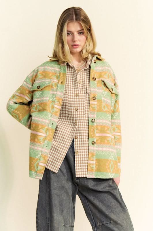 Davi & Dani High-Low Geometric Long Sleeve Shacket with Pockets - Love Salve