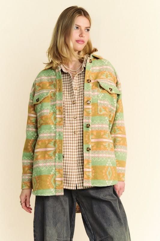Davi & Dani High-Low Geometric Long Sleeve Shacket with Pockets - Love Salve