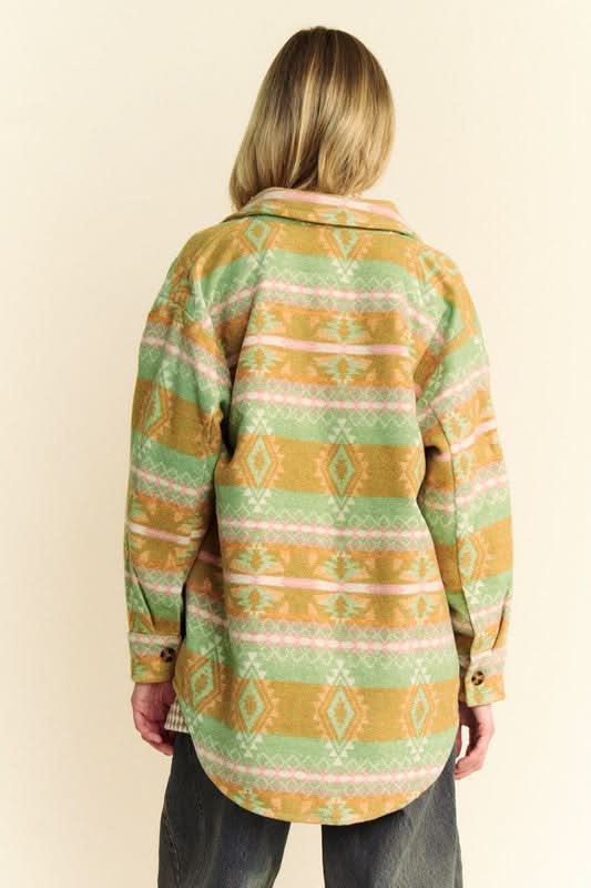 Davi & Dani High-Low Geometric Long Sleeve Shacket with Pockets - Love Salve