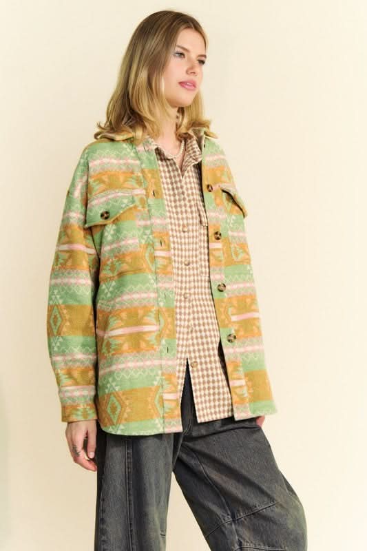 Davi & Dani High-Low Geometric Long Sleeve Shacket with Pockets - Love Salve