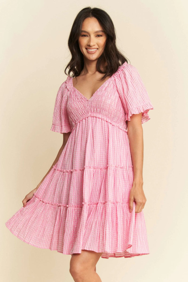 Davi & Dani Jacquard Checker Smocking Tiered Dress For Women - Love Salve